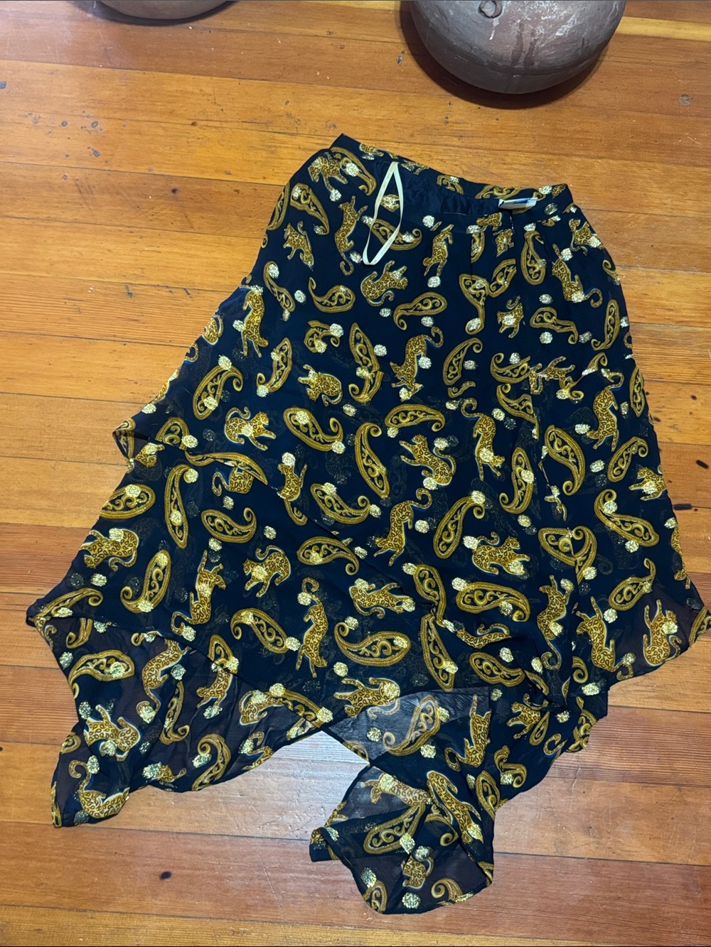 Anthropologie Black Skirt with Gold Paisley Asymmetric Hem